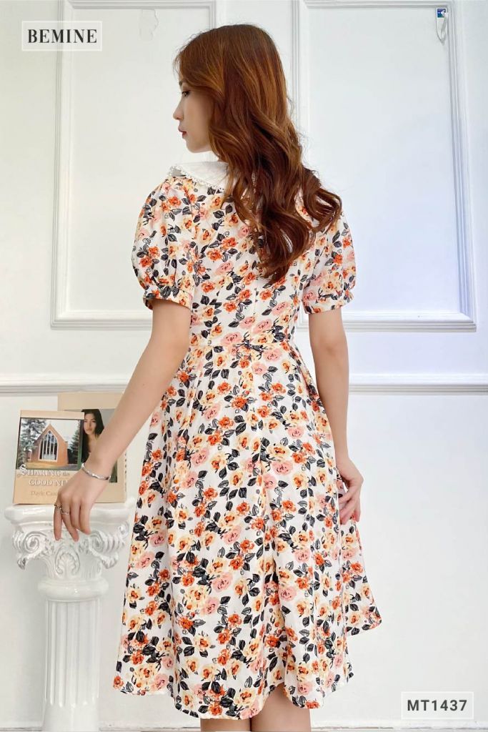 MT1437TRANG - Đầm hoa phối cổ ren trắng