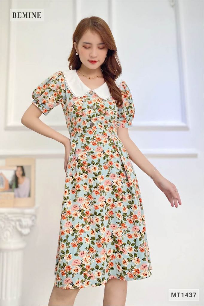 MT1437XANH - Đầm hoa phối cổ ren trắng
