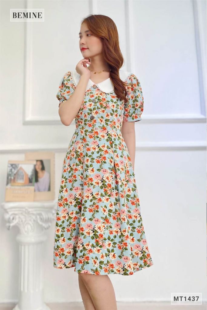 MT1437XANH - Đầm hoa phối cổ ren trắng