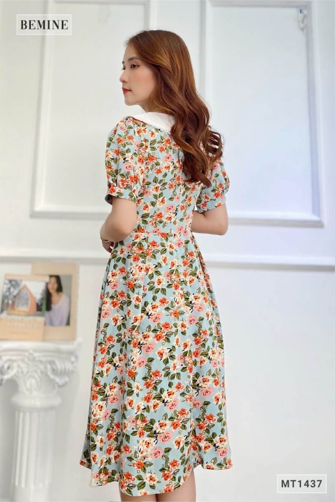 MT1437XANH - Đầm hoa phối cổ ren trắng