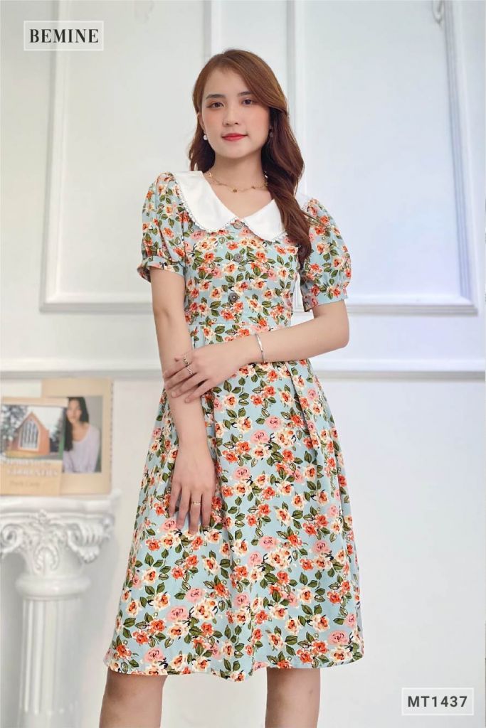 MT1437XANH - Đầm hoa phối cổ ren trắng