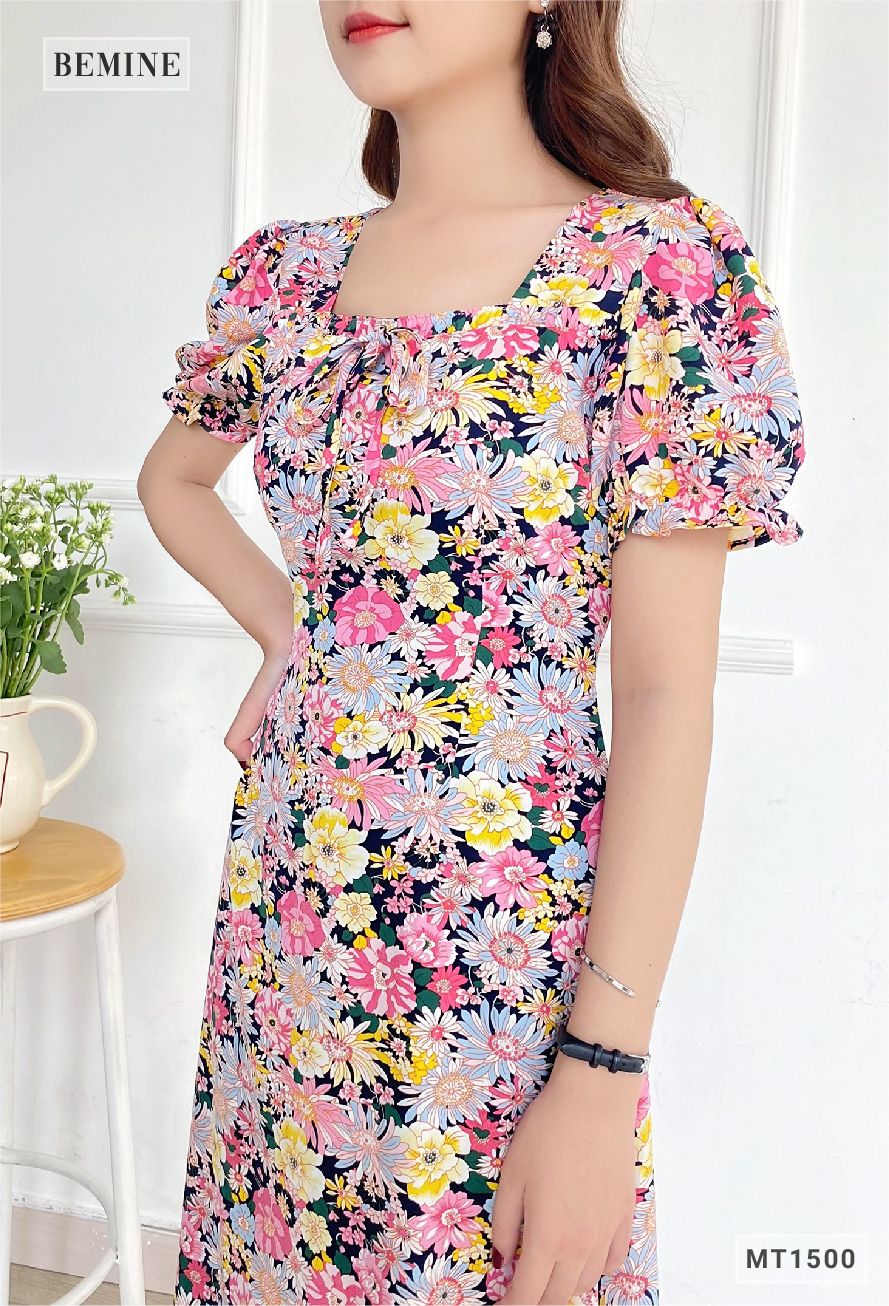 MT1500HONG - Đầm hoa cổ vuông có nơ