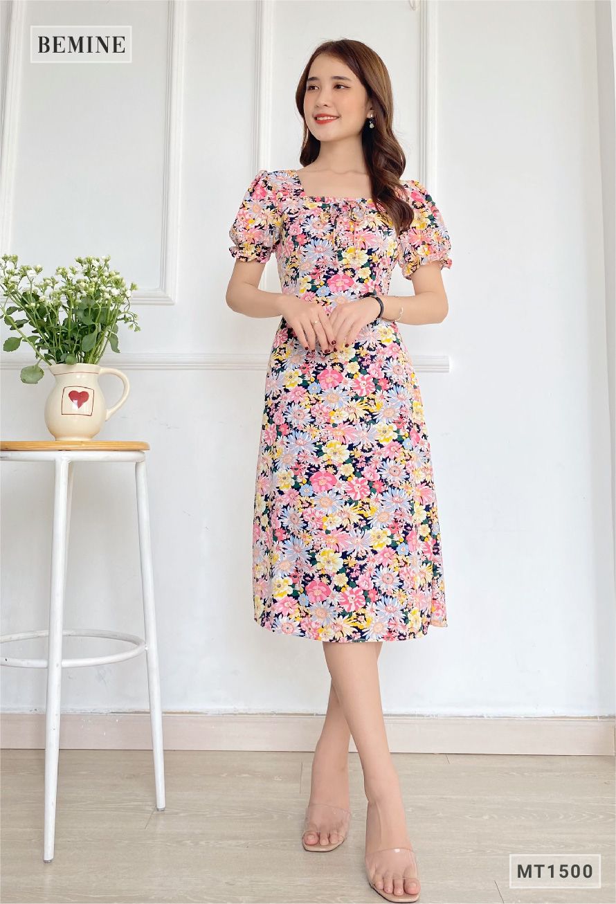 MT1500HONG - Đầm hoa cổ vuông có nơ