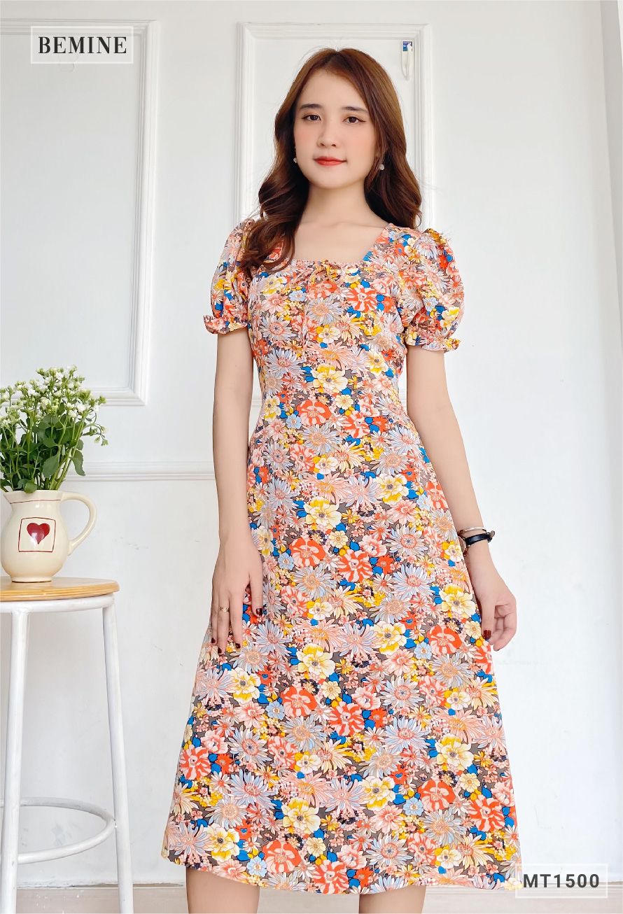 MT1500CAM - Đầm hoa cổ vuông có nơ