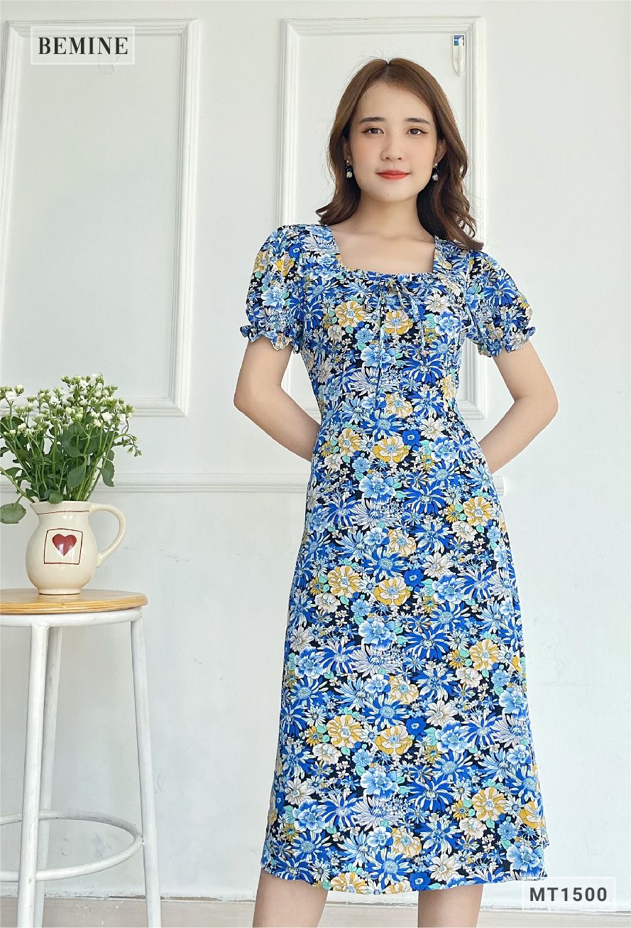 MT1500XANH - Đầm hoa cổ vuông có nơ