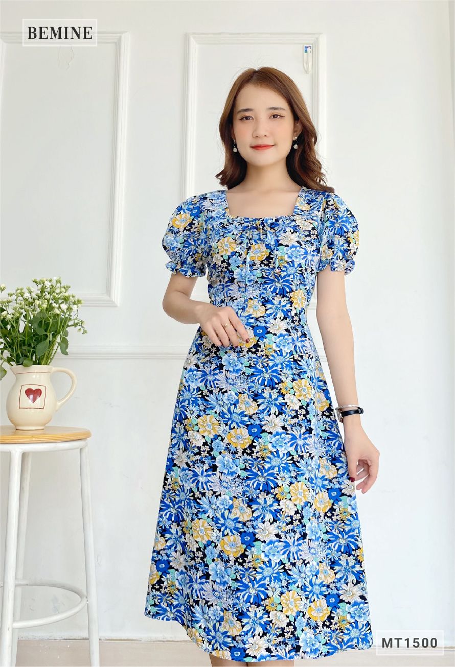 MT1500XANH - Đầm hoa cổ vuông có nơ