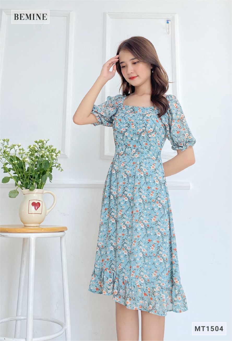 MT1504XANH - Đầm voan cổ vuông tay nhún