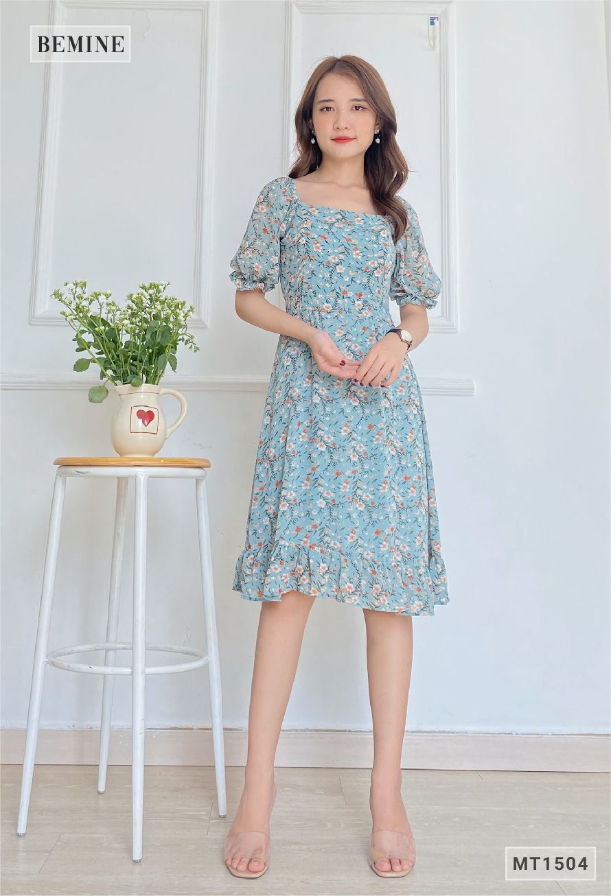 MT1504XANH - Đầm voan cổ vuông tay nhún