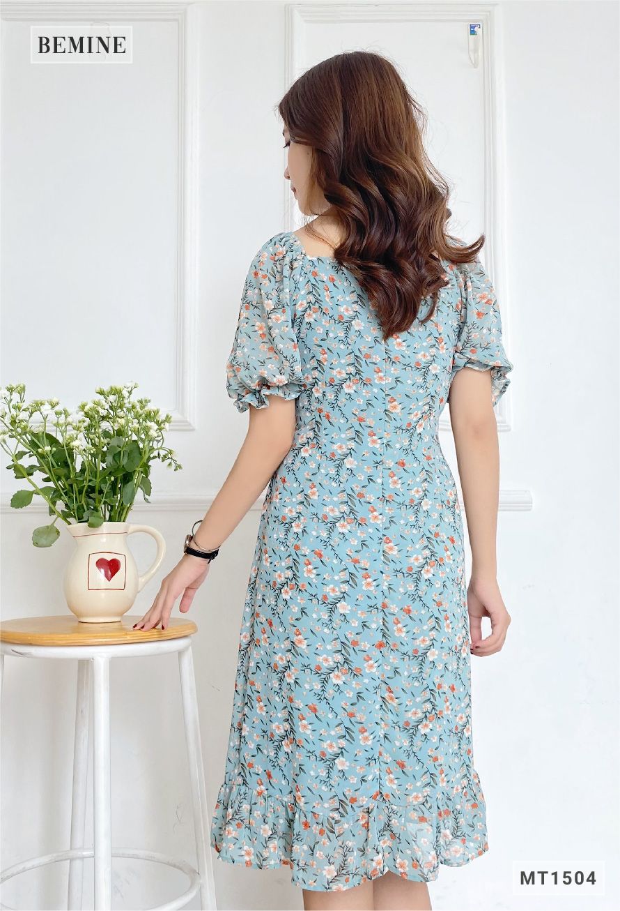 MT1504XANH - Đầm voan cổ vuông tay nhún