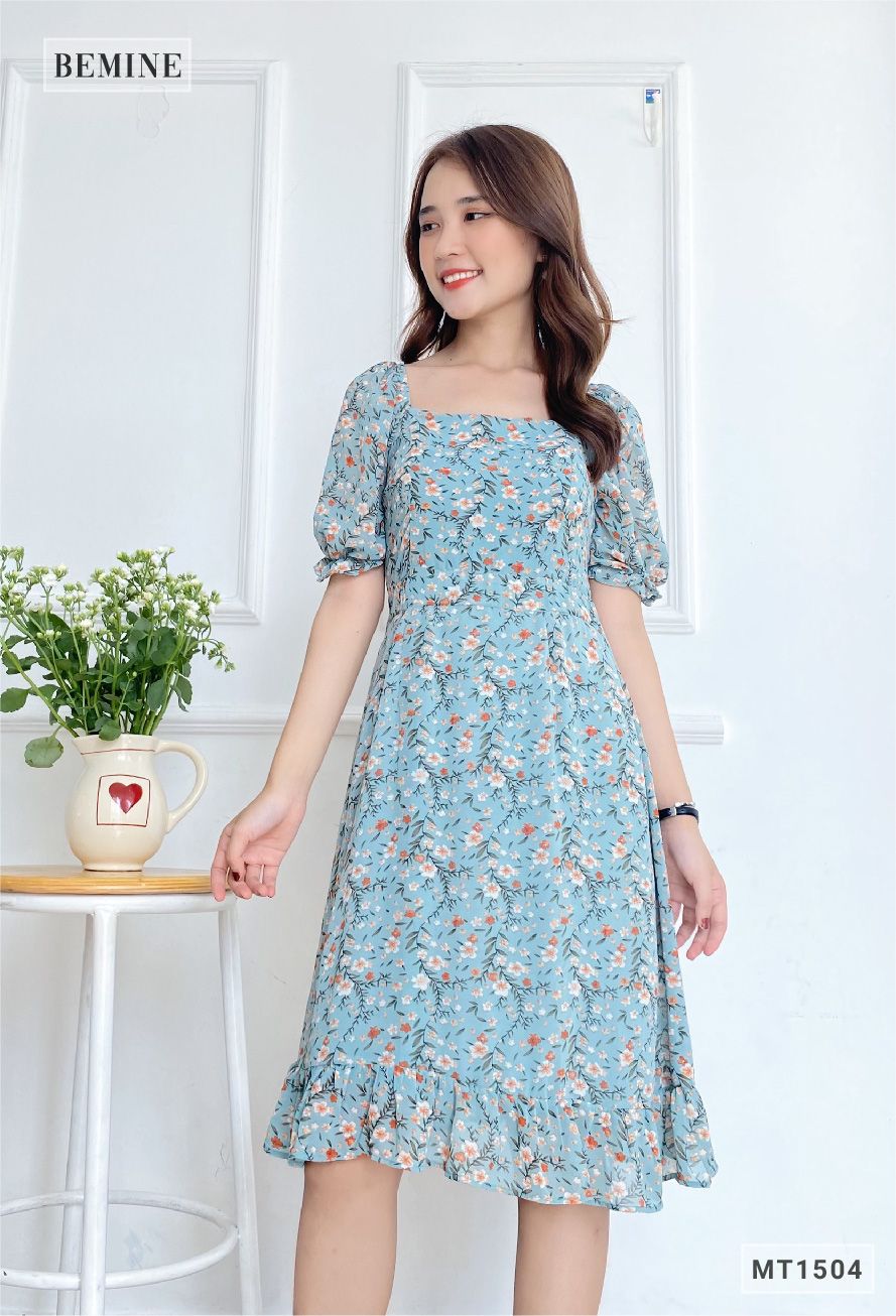 MT1504XANH - Đầm voan cổ vuông tay nhún
