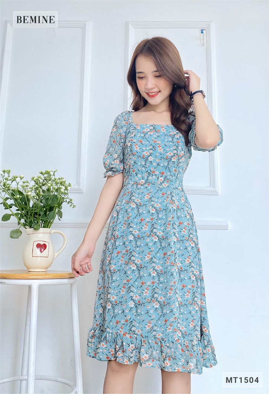 MT1504XANH - Đầm voan cổ vuông tay nhún