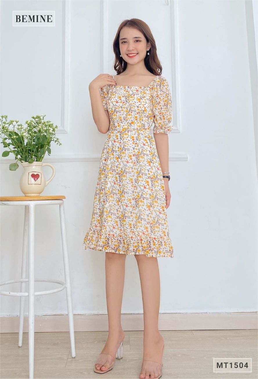 MT1504TRANG - Đầm voan cổ vuông tay nhún