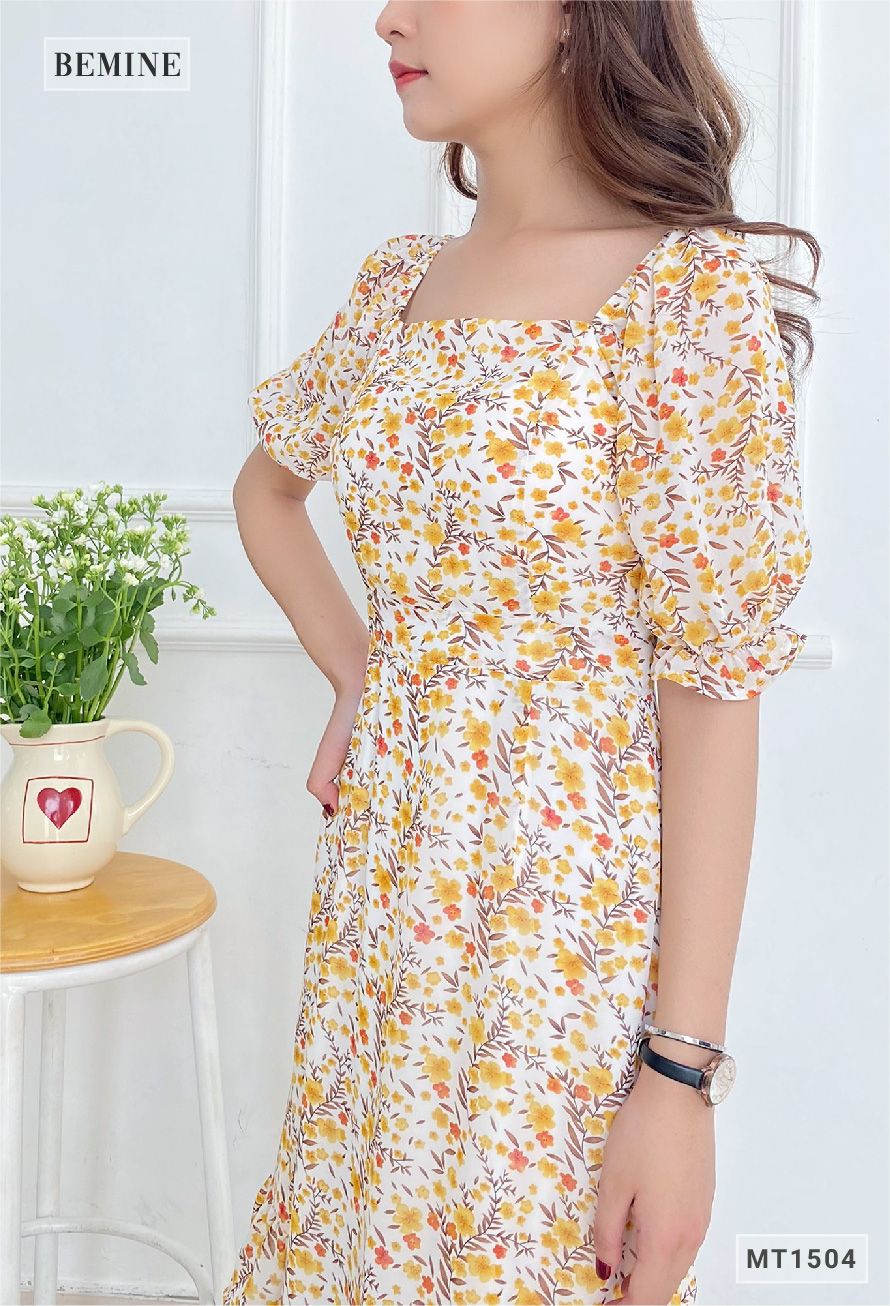 MT1504TRANG - Đầm voan cổ vuông tay nhún