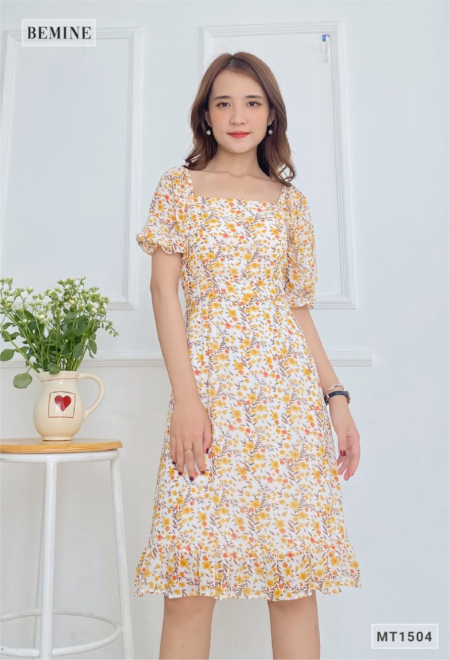 MT1504TRANG - Đầm voan cổ vuông tay nhún