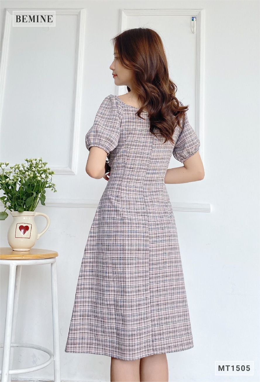 MT1505HONG - Đầm caro nơ ngực
