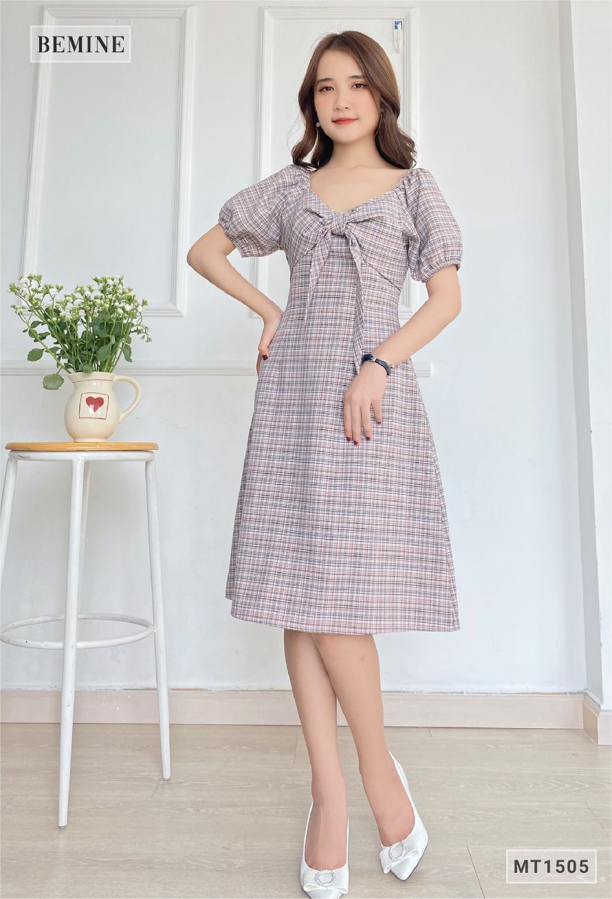MT1505HONG - Đầm caro nơ ngực