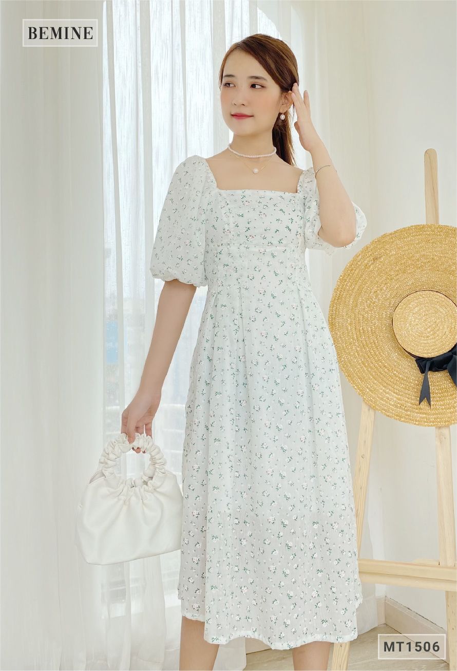 MT1506TRANG - Đầm bông cổ vuông tay phồng