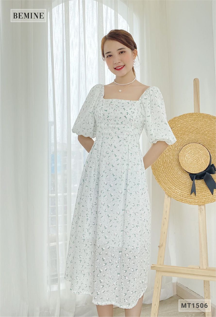 MT1506TRANG - Đầm bông cổ vuông tay phồng