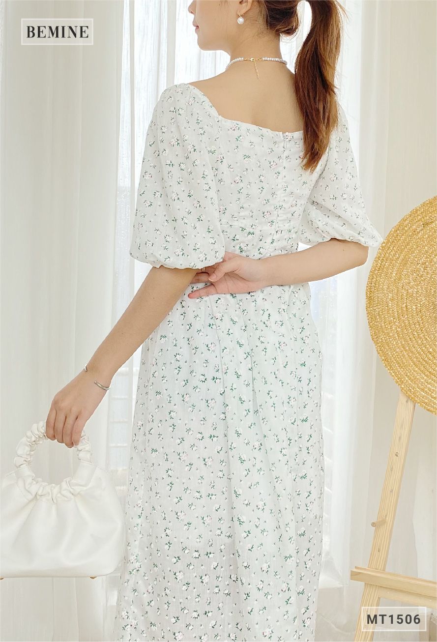 MT1506TRANG - Đầm bông cổ vuông tay phồng