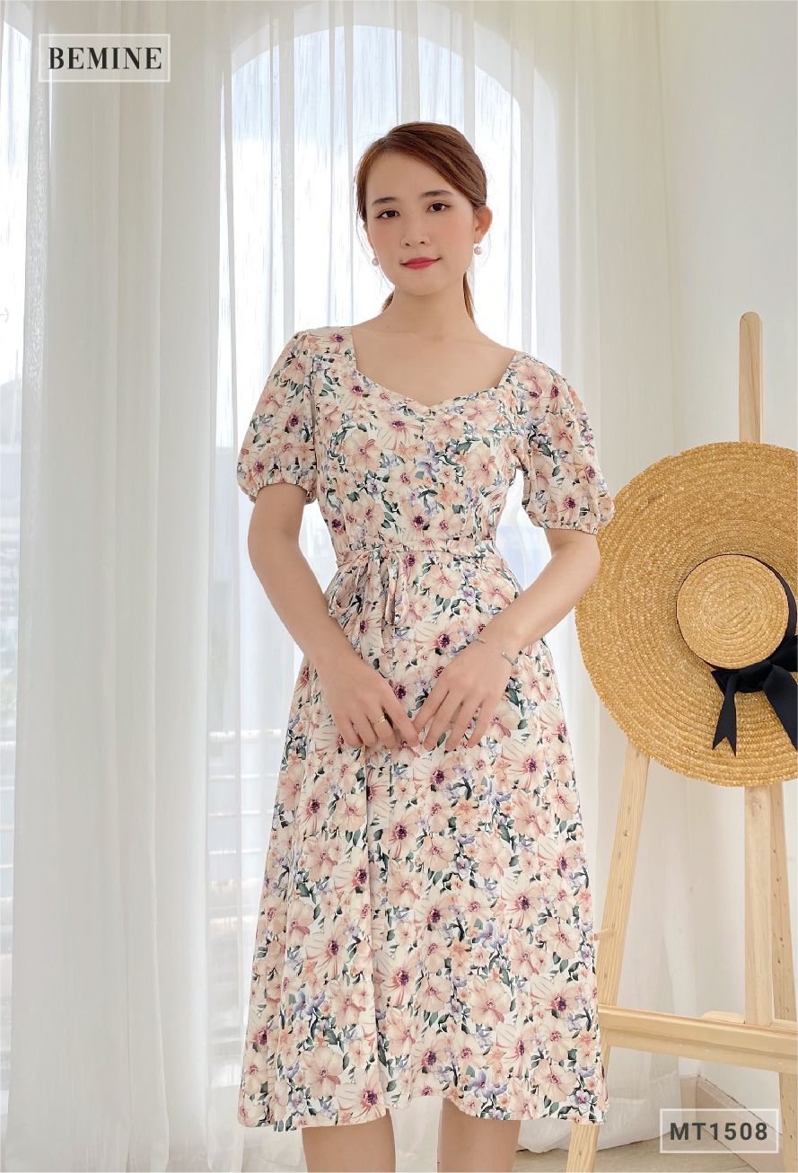 MT1508DA - Đầm hoa cổ tym dây eo