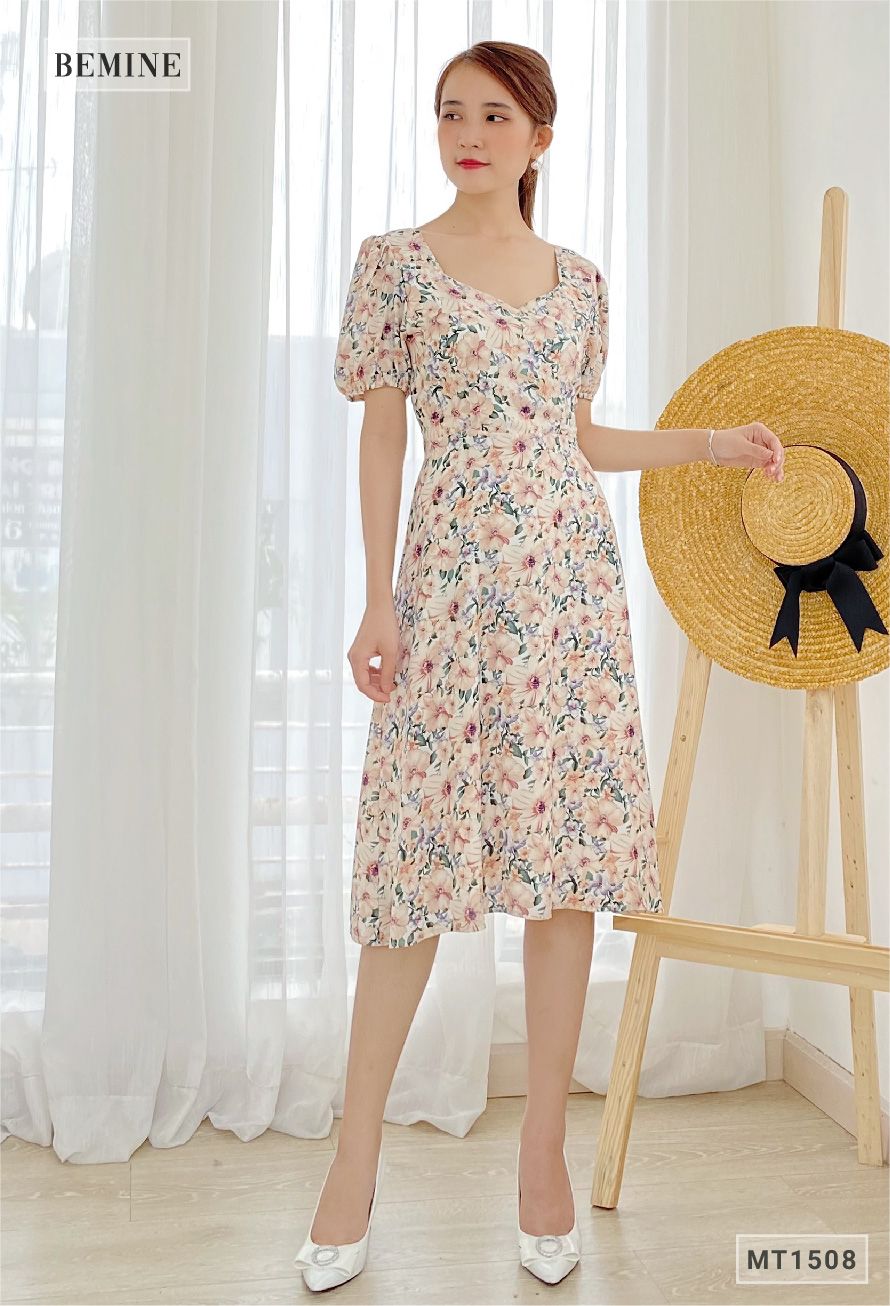 MT1508DA - Đầm hoa cổ tym dây eo