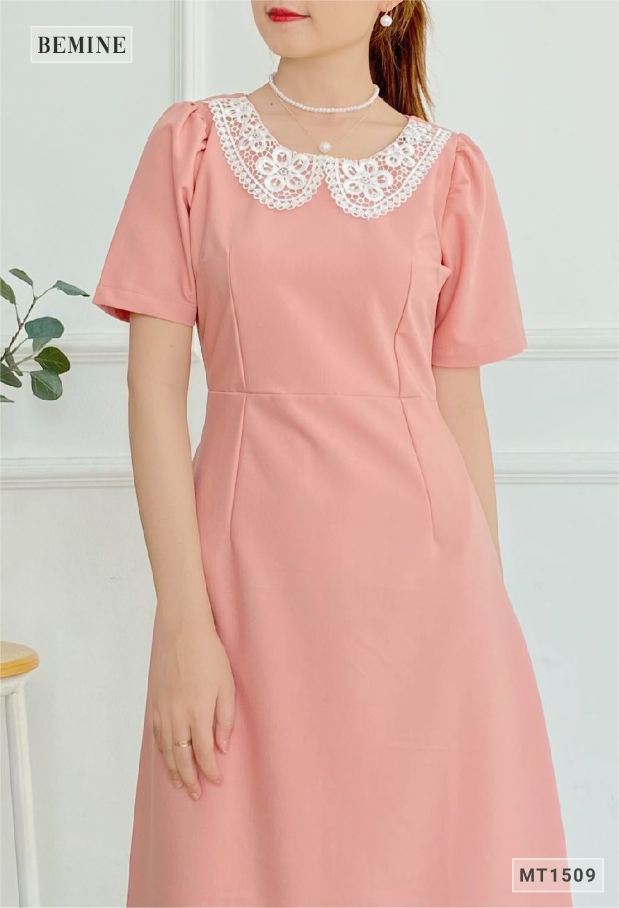 MT1509HONG - Đầm xòe cổ phối ren