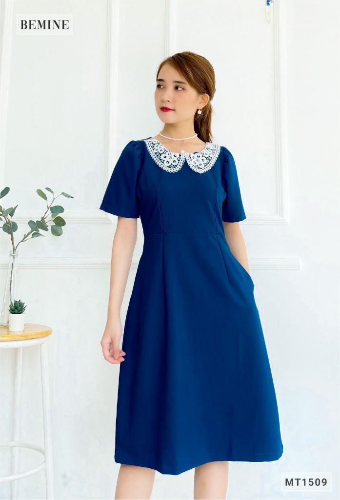 MT1509XANH - Đầm xòe cổ phối ren