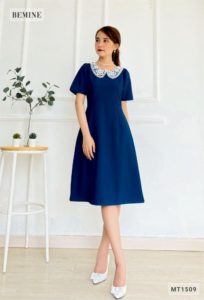 MT1509XANH - Đầm xòe cổ phối ren
