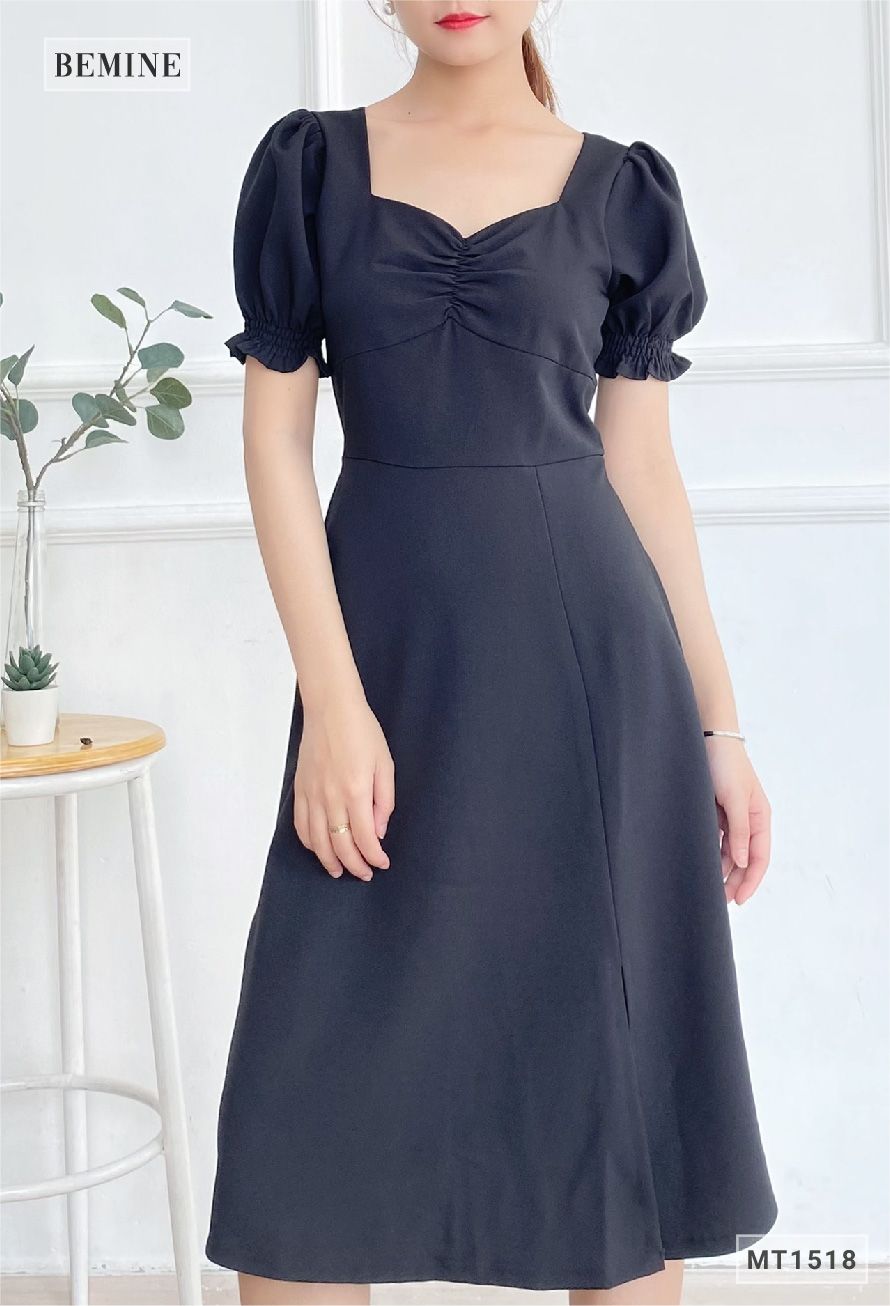 MT1518DEN - Đầm cổ tim nhún ngực
