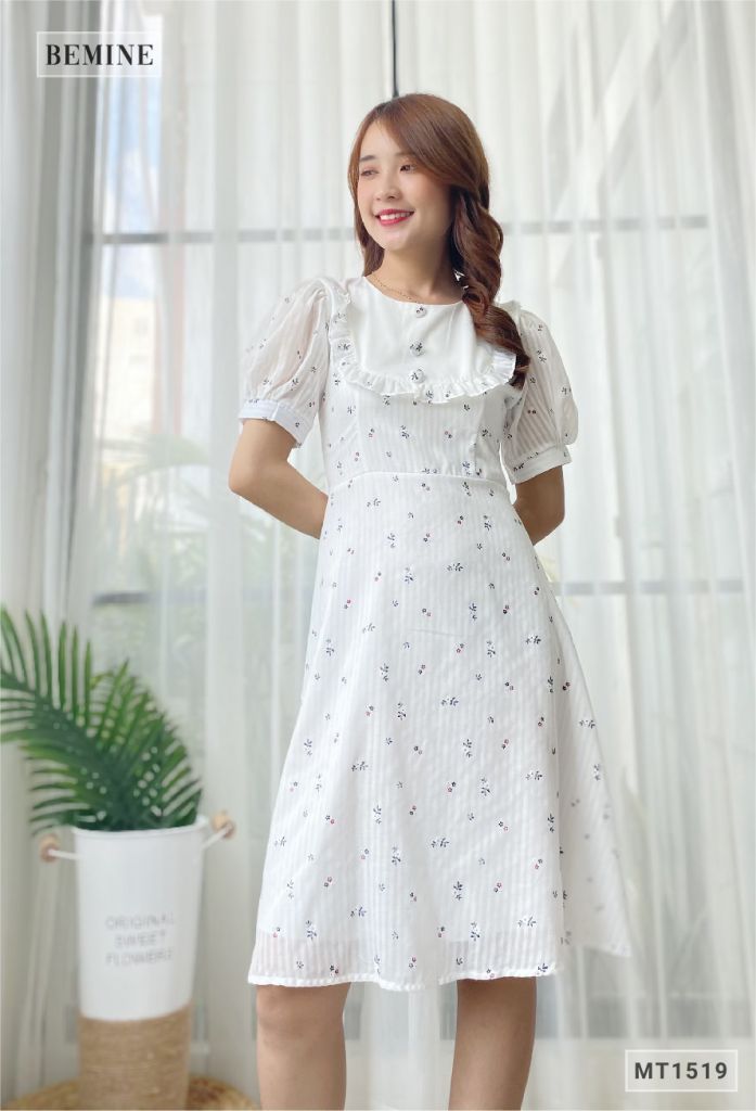 MT1519TRANG - Đầm hoa nhí nút ngực