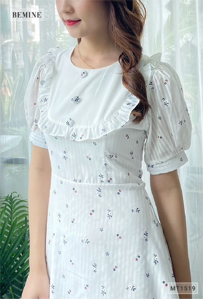 MT1519TRANG - Đầm hoa nhí nút ngực