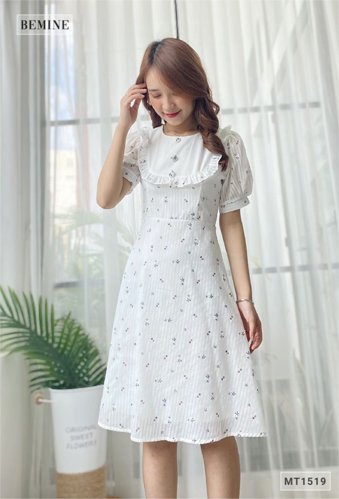 MT1519TRANG - Đầm hoa nhí nút ngực