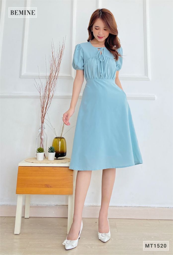 MT1520XANH - Đầm trơn đây cổ nhún ngực