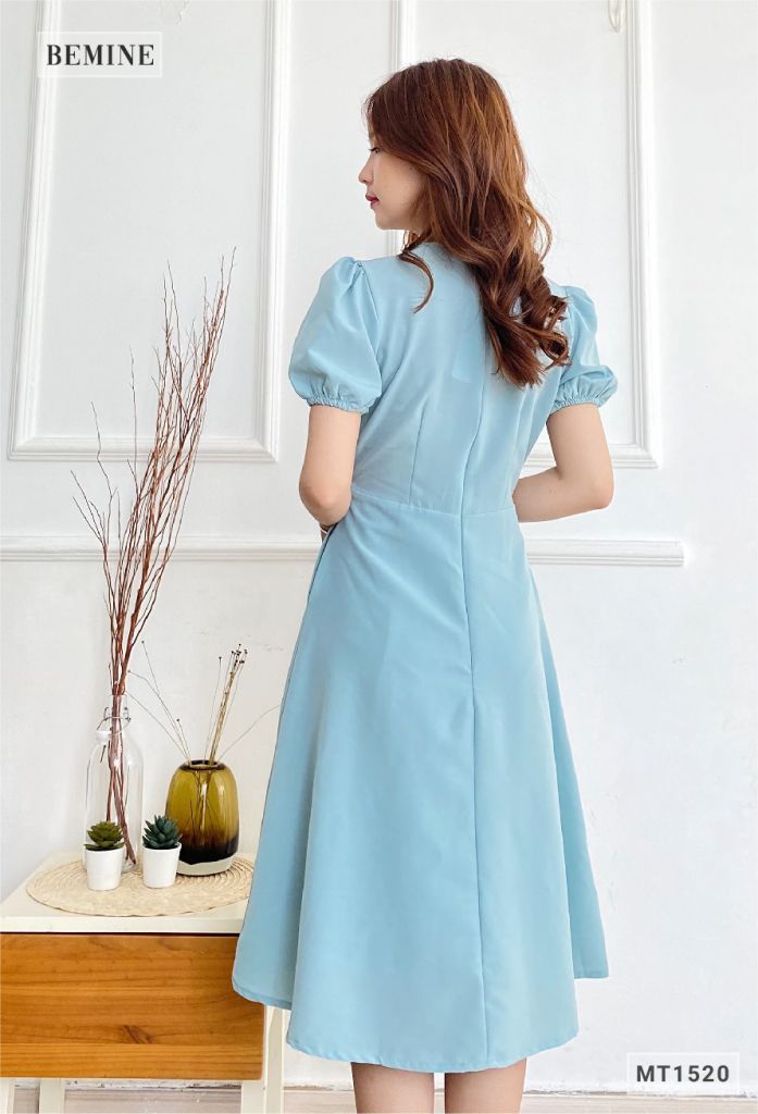 MT1520XANH - Đầm trơn đây cổ nhún ngực