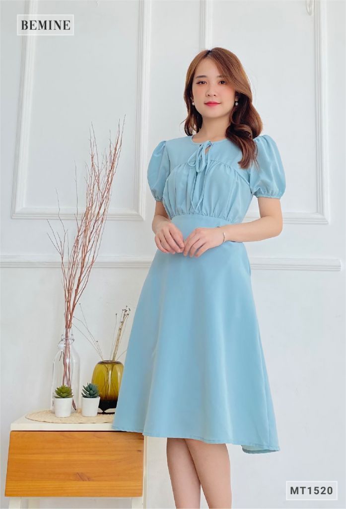 MT1520XANH - Đầm trơn đây cổ nhún ngực