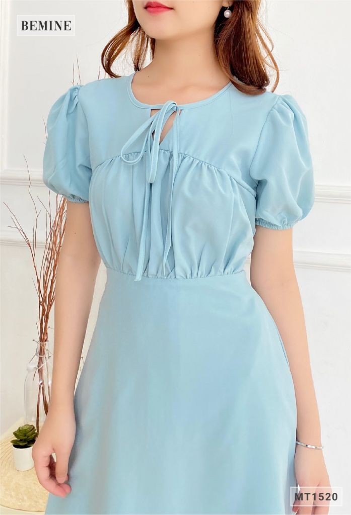 MT1520XANH - Đầm trơn đây cổ nhún ngực