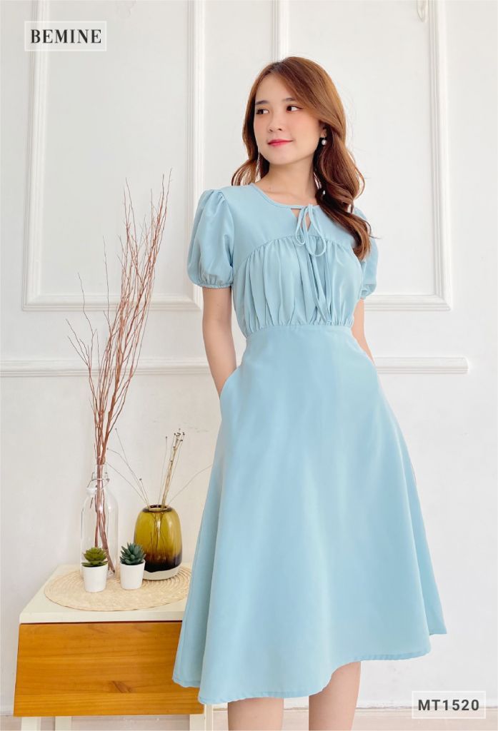 MT1520XANH - Đầm trơn đây cổ nhún ngực