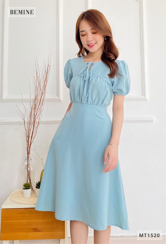 MT1520XANH - Đầm trơn đây cổ nhún ngực