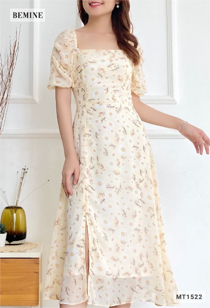 MT1522VANG - Đầm hoa tay phồng cổ vuông