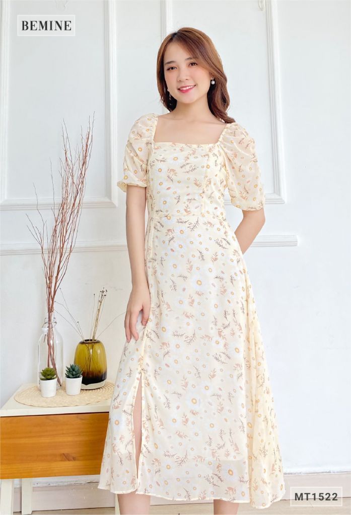 MT1522VANG - Đầm hoa tay phồng cổ vuông