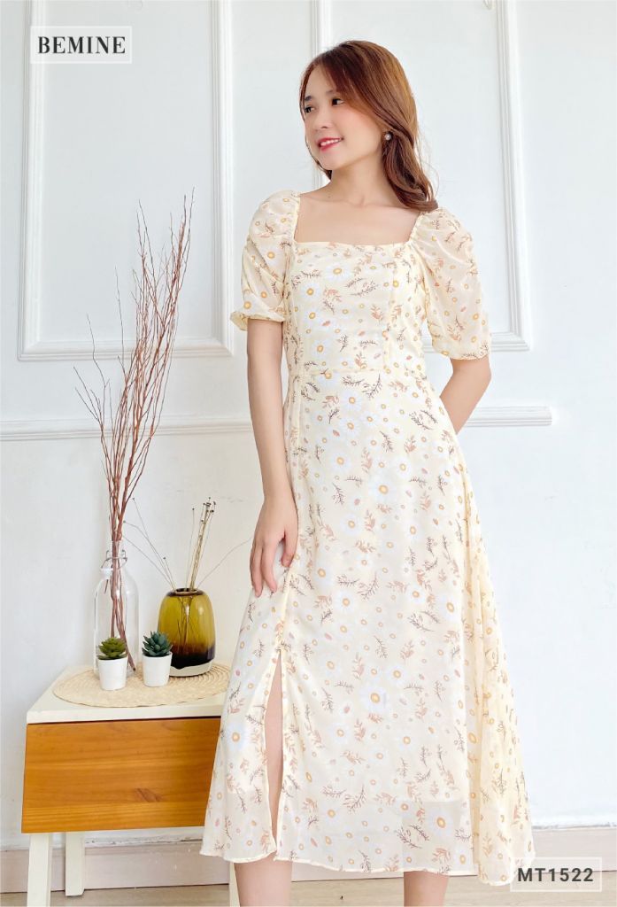 MT1522VANG - Đầm hoa tay phồng cổ vuông