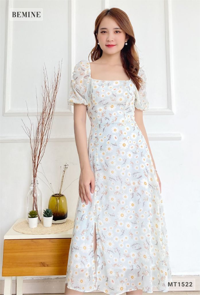 MT1522XANH - Đầm hoa tay phồng cổ vuông