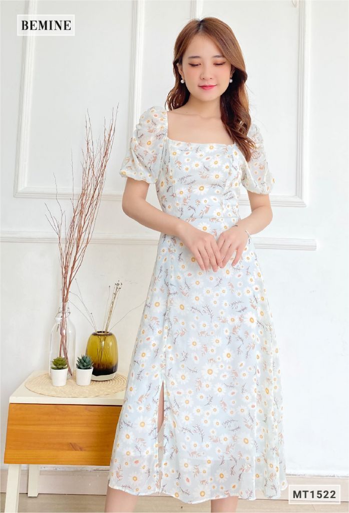 MT1522XANH - Đầm hoa tay phồng cổ vuông