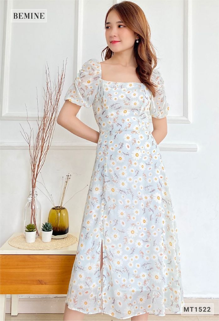 MT1522XANH - Đầm hoa tay phồng cổ vuông