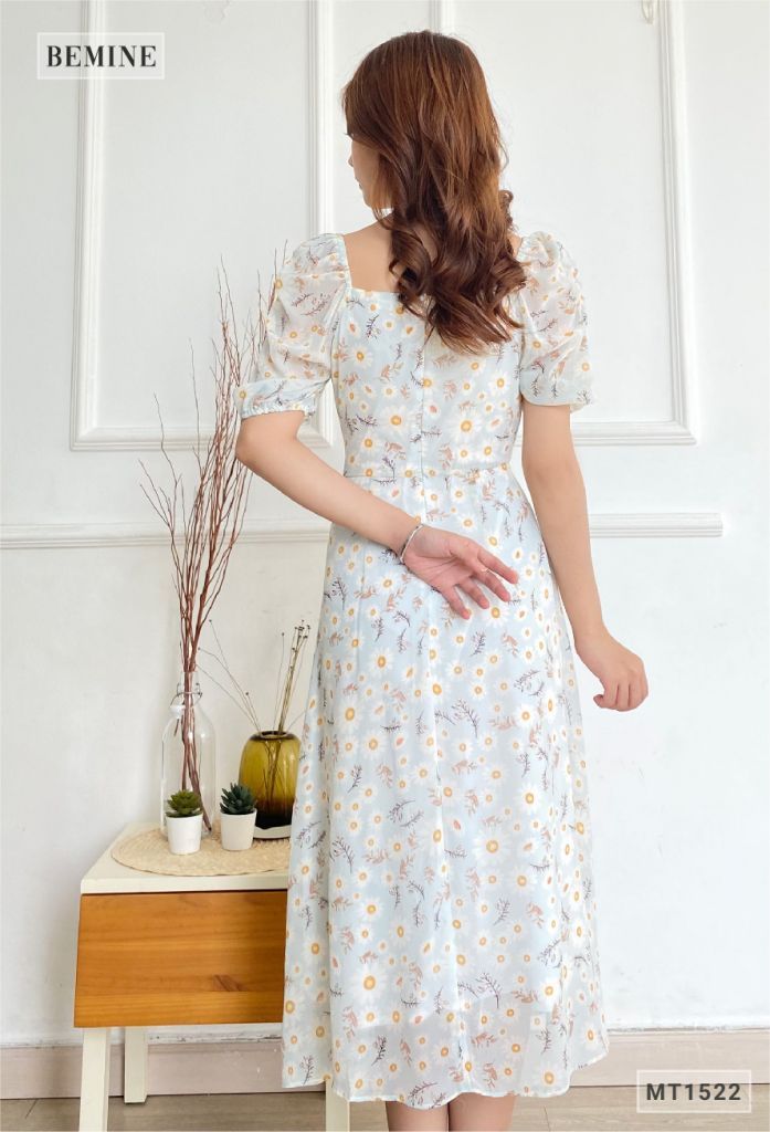 MT1522XANH - Đầm hoa tay phồng cổ vuông