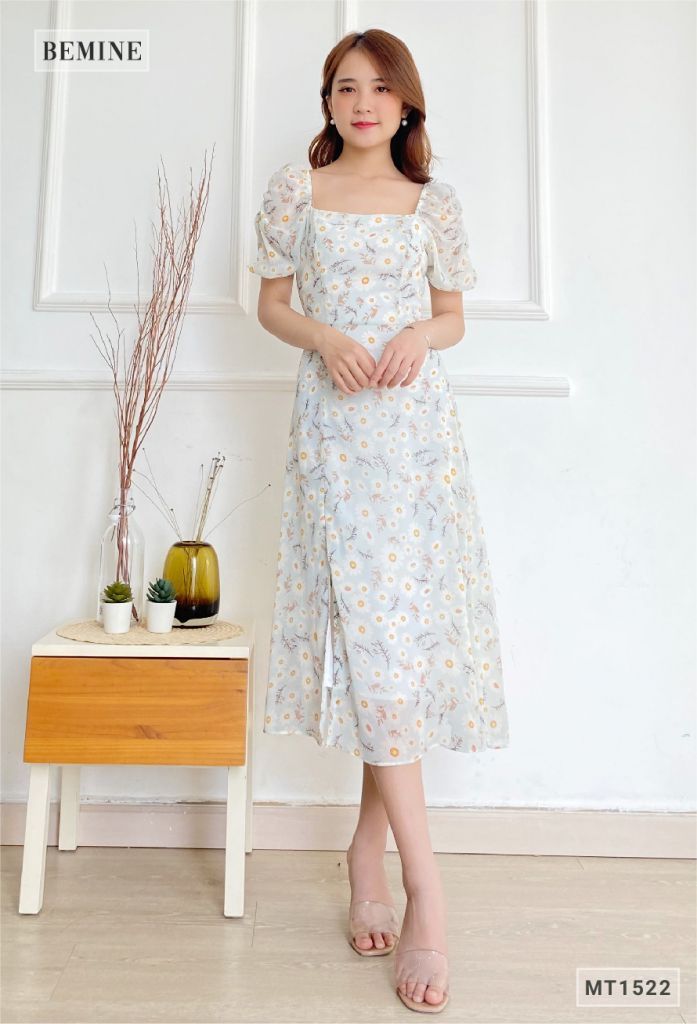 MT1522XANH - Đầm hoa tay phồng cổ vuông