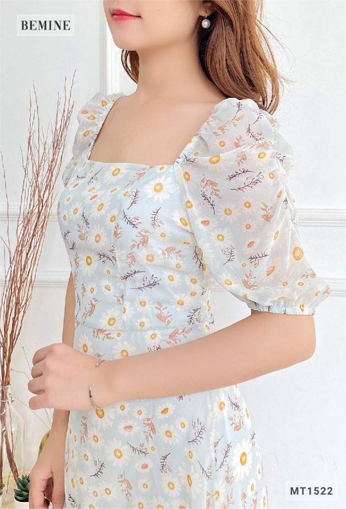 MT1522XANH - Đầm hoa tay phồng cổ vuông