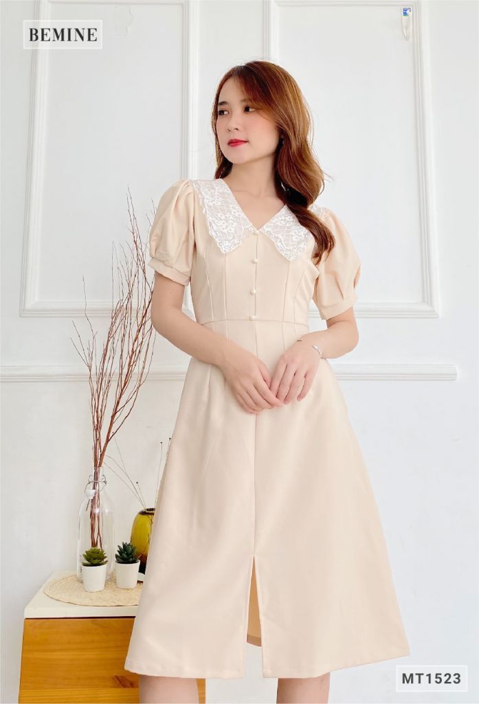 MT1523DA - Đầm trơn cổ ren đính hạt