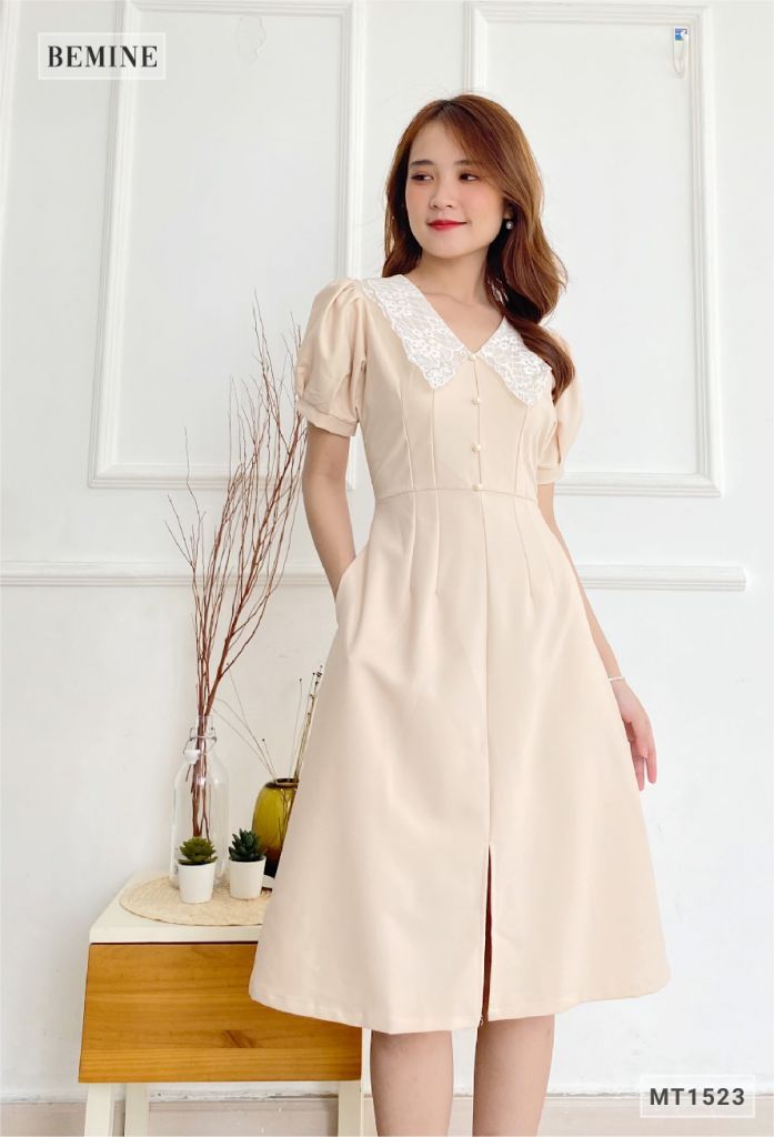 MT1523DA - Đầm trơn cổ ren đính hạt