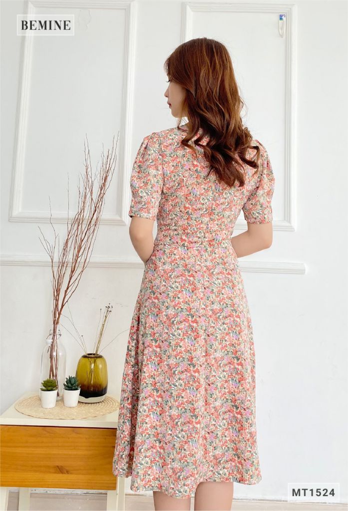 MT1524HONG - Đầm bông cổ tròn đai eo